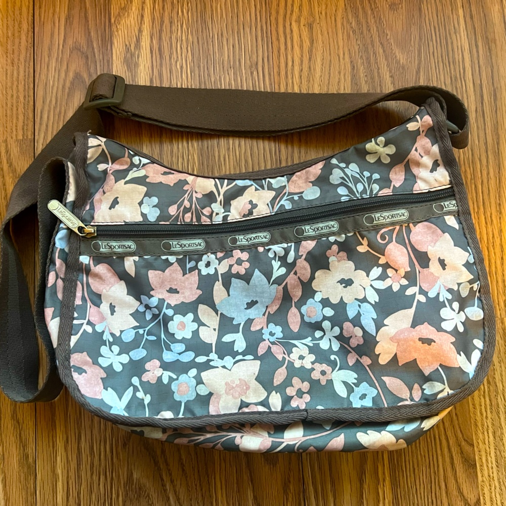 Lesportsac Floral Crossbody Bag Nylon Adjustable Strap Blue Pink Gray